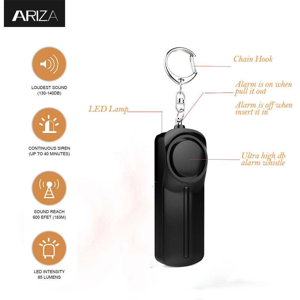 Super Lowest Price Alarm Security -
 Black personal alarm holder Led Flash light personal alarms for women siren 130 db – Ariza